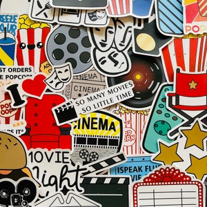 Pegatinas de vinilo para noche de cine (25/50 unidades), juego de calcomanías troqueladas, impermeables y reutilizables, divertidas para cine, teatro, TV, carrete de película, palomitas de maíz, planificador, funda para portátil.