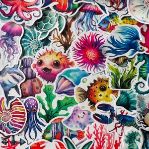 25/50 Vinyl Marine Life Stickers, Die Cut Decal Set, Waterproof Reusable, Sea Creature Ocean Life Fish Octopus Crab Reef, Bathroom Decor