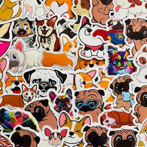 25/50 autocollants en vinyle pour chiens rigolos, lot d'autocollants découpés, imperméables réutilisables, mélange de carlins amusants, cadeau de promeneur pour propriétaire de chiots mignons, journal pour ordinateur portable