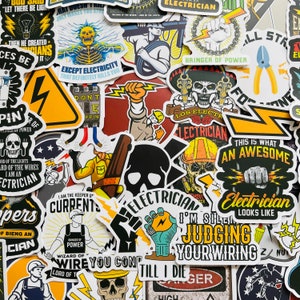 25/50 Vinyl Electrician Stickers, Die Cut Decal Set, Waterproof Reusable, Sparky Apprentice Electrical Engineer, Laptop Toolbox Case Hat