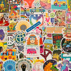 25/50/100 vinyl hippie trippy stickers, gestanste sticker set, waterdicht herbruikbaar, jaren 60 psychedelisch VW camper vrede liefde boho kunst, laptop decor