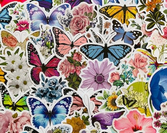 25/50/100 Mixed Butterfly Flower Stickers, Vinyl Die Cut Decal Set, Waterproof Reusable, Floral Plants Garden Bug Variety, Journal Card Art