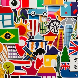 25/50 Vinilo Love Travel Stickers, Die Cut Decal Set, Impermeable Reutilizable, Wanderlust Vacation World Landmark Flag, Journal Laptop Case Art