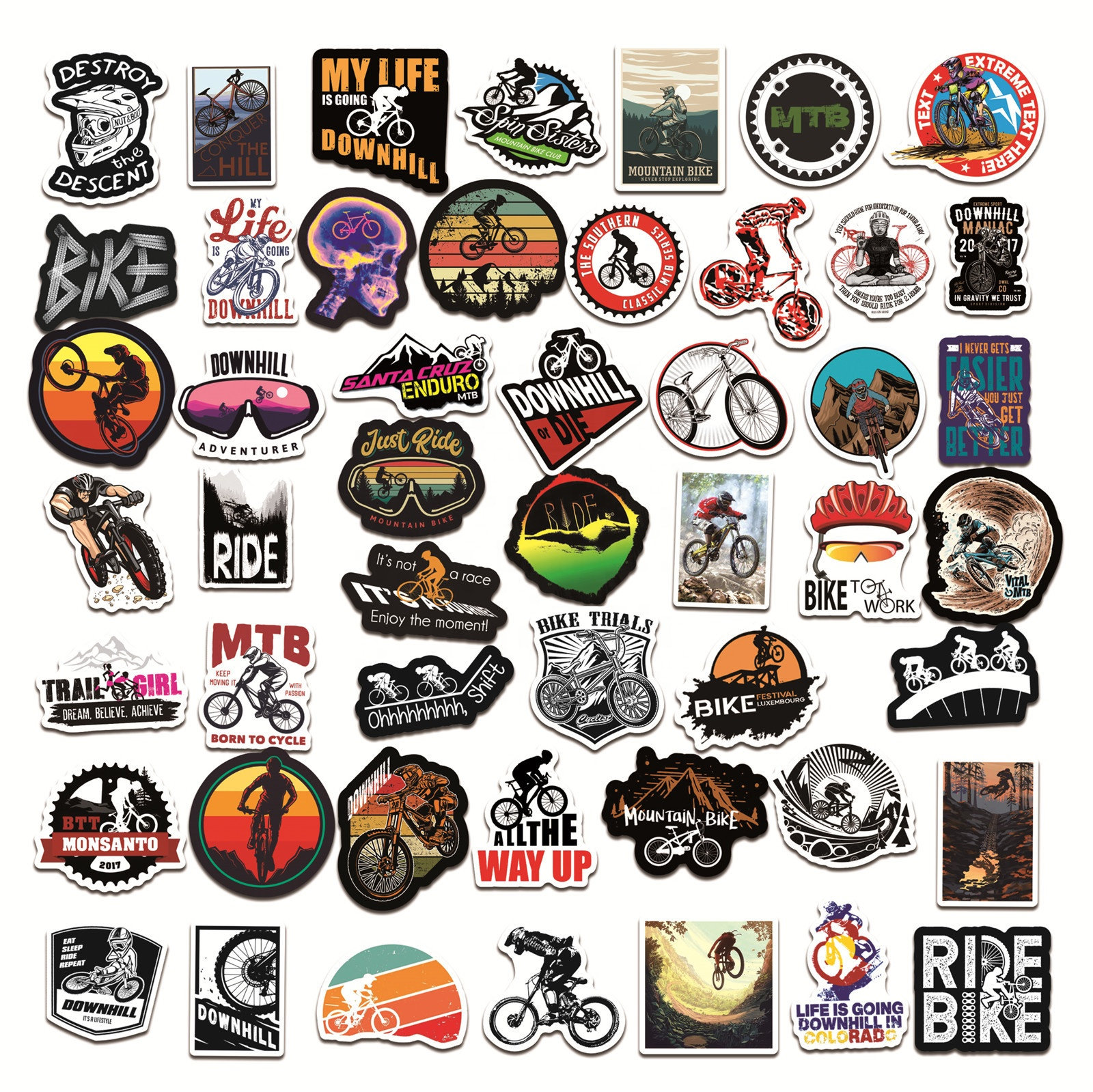 25/50 Vinyl Downhill Bike Stickers, Die Cut Decal Set, Waterproof Reusable,  Biking Helmet MTB Vibes Mountain Trail Rider, Laptop Bumper Case 