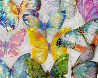 10 vinyl glanzende vlinder stickerpakket, waterdichte herbruikbare set, holografisch iriserend gespiegeld helder, nachtvlinder insect, tijdschriftkaart ambacht