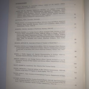 May include: A black and white printed page with a list of names and titles. The page is from a book titled "Interviewee".