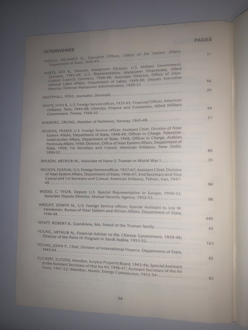 May include: A black and white printed page with a list of names and titles. The page is from a book titled "Interviewee".