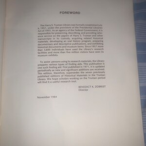 May include: A black and white printed page with the title "Foreword" and text about the Harry S. Truman Library. The text describes the library's history, mission, and resources. The page is dated November 1984.