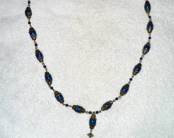 Vintage Art Deco Blue Glass Filigree Necklace, 1930s Czech Bead Tassel Necklace, Antique Brass Costume Jewelry