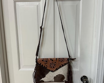 American Darling Envelope Crossbody Purse | Tooled Leather & Hair-On Hide Fringe Bag | Western Boho Cowhide Handbag | NWOT