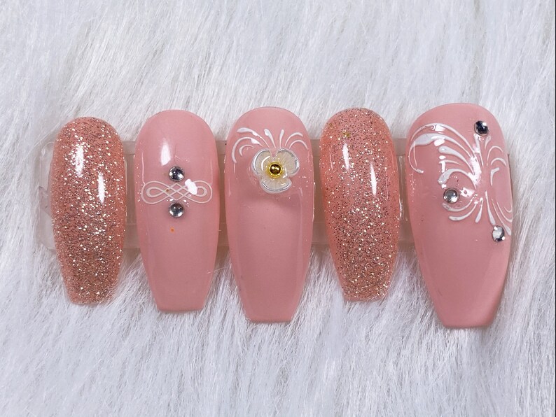 Coffin Soft Pink Flower Fake Nail With Glass Crystal Nail Gems And Rhinestones Set Of 10 Press On Nail False Nail Hand Fans Accessories Valresa Com