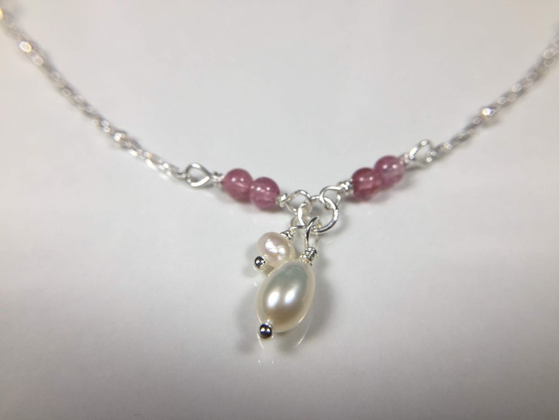 Pink Tourmaline Freshwater Pearl 925 Sterling silver Dainty birthstone bracelet Tiny gemstone Bracelet Anklet