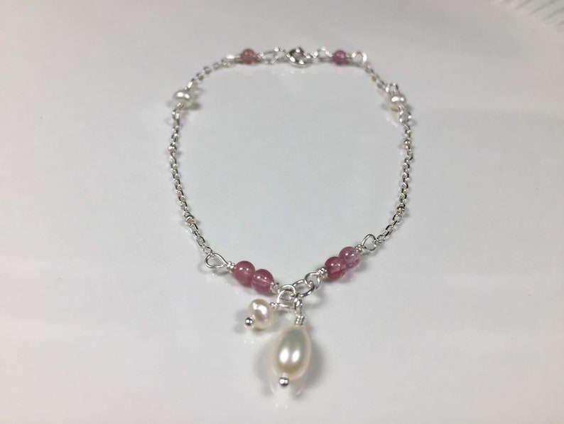 Pink Tourmaline Freshwater Pearl 925 Sterling silver Dainty birthstone bracelet Tiny gemstone Bracelet Anklet