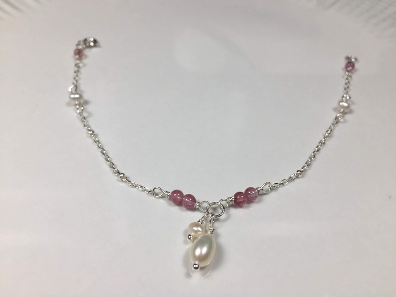 Pink Tourmaline Freshwater Pearl 925 Sterling silver Dainty birthstone bracelet Tiny gemstone Bracelet Anklet