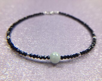 Black Faceted crystal Light green Jade 925 Sterling silver Dainty birthstone Tiny gemstone Bracelet / Anklet