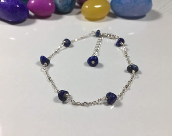 Irregularity Lapis Lazuli 925 Sterling silver Dainty birthstone bracelet Tiny gemstone Bracelet / Anklet