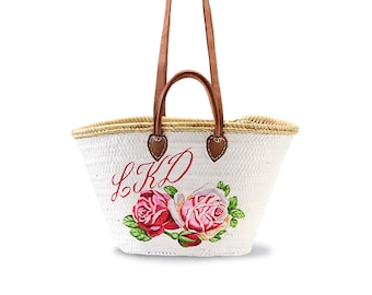 Panier sac roses, poignées en cuir