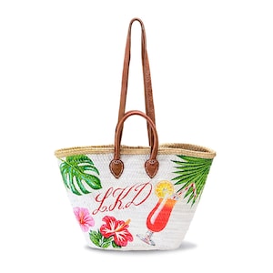 Basket bag tropical motif, leather handles