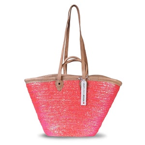 Basket bag pink sequins, leather handles, Think Pink