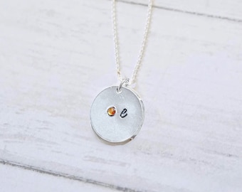 Silver Birthstone Initial Necklace - Personalized Birthstone Necklace, Customized Jewelry, Tiny Initial Necklace, Silver Letter Necklace