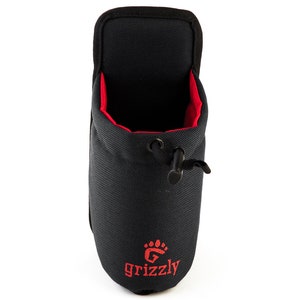 May include: Black drawstring pouch with a red lining and a red "Grizzly" logo with a bear paw print.