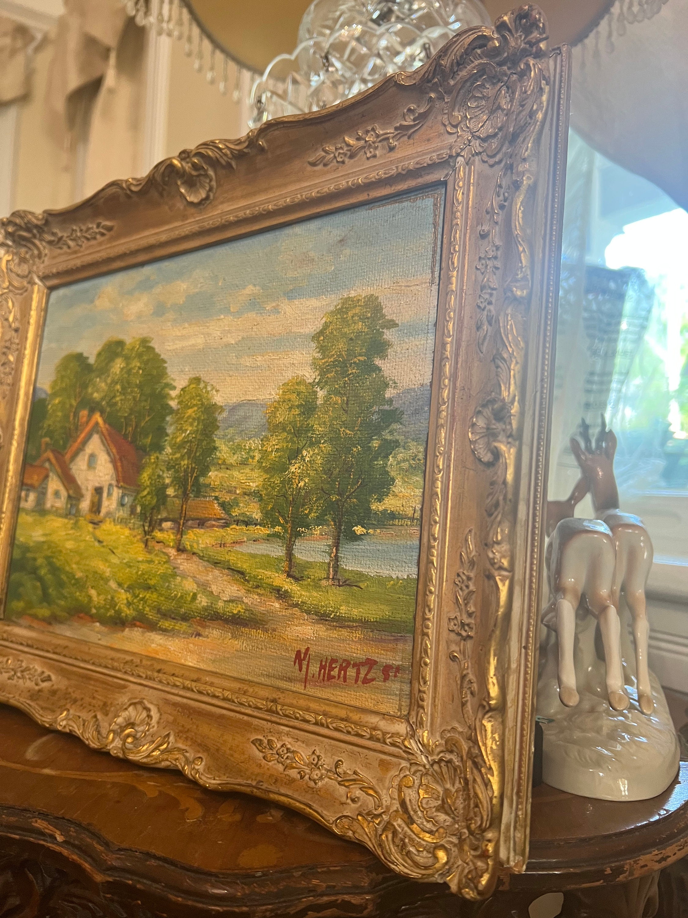 M. HERTZ 80 Signed Antique Painting in Antique Gilt Frame
