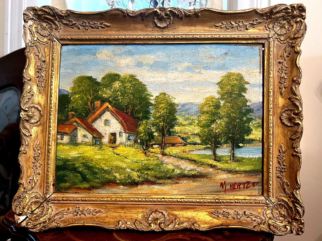 すぐったレディース福袋 M. HERTZ 80 Signed Antique Painting in Antique Gilt Frame 絵画
