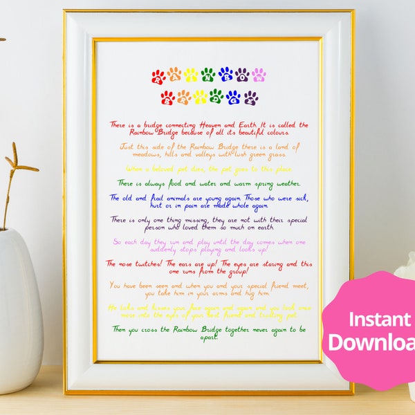 Rainbow Bridge Poem Digital Download Printable Digital Art Pet Loss. Instant Digital Download