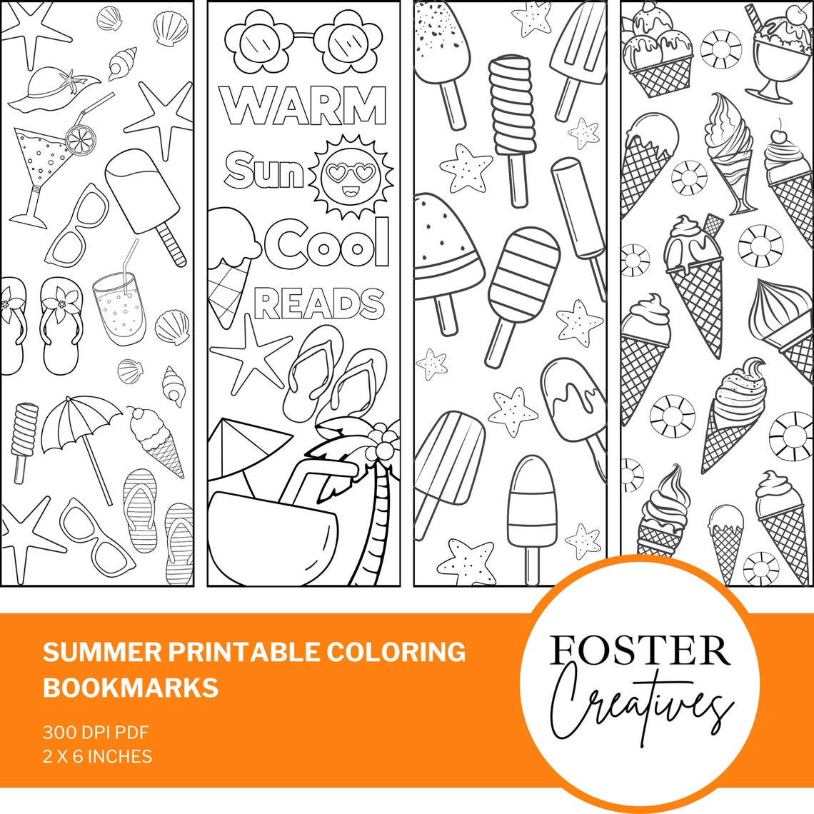 Summer Printable Coloring Bookmarks, Set of 4, 2 X 6 Inches, for Kids ...