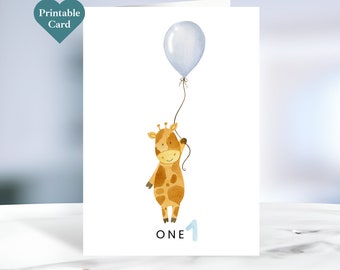 Printable 1st Birthday Card with Giraffe and Blue Balloon | 5x7 Inch Envelope Template  Included. CARD63