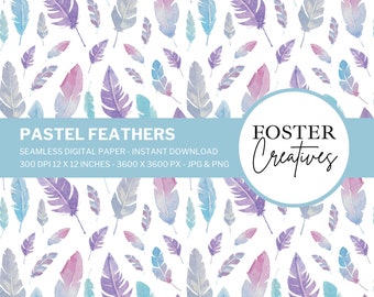 Pastel Feathers Digital Paper: High-Quality JPG & PNG, 12 x 12 inches (3600 x 3600px) Seamless Pattern for Scrapbooking and Crafts. DP12