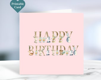 Printable Birthday Card, Pink Woodland Animal Letters with Envelope Template. 5 x 5  Inches. Instant Download. Print at Home. CARD06