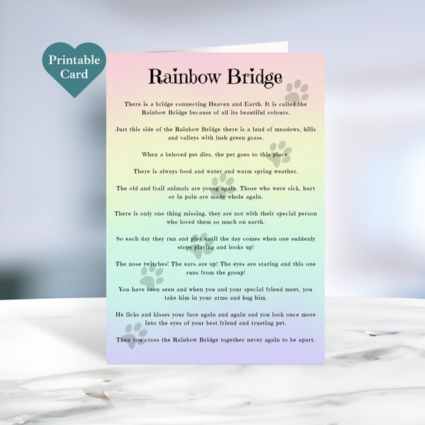 Printable Rainbow Bridge Card. Pet Loss Card. Paw Prints. Envelope Template Included.  5 x 7 Inches. Instant Download. CARD90