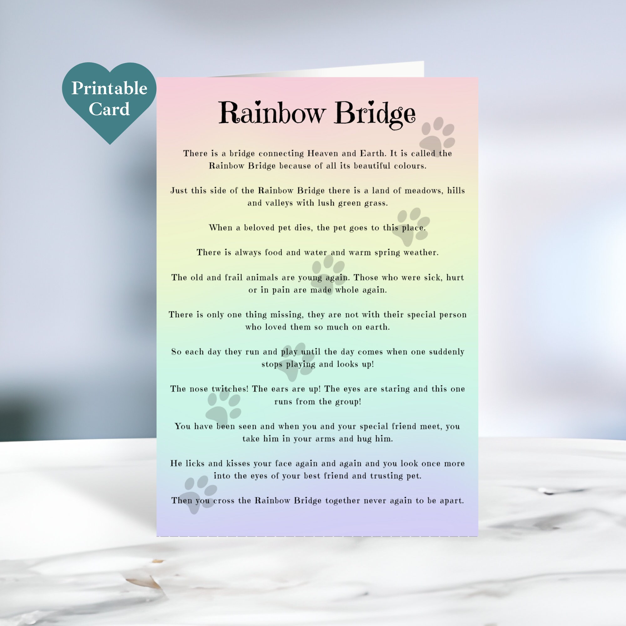 Printable Rainbow Bridge Card. Pet Loss Card. Paw Prints. Envelope Template Included. 5 X 7 ...