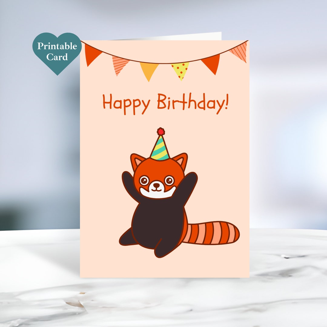 Printable Happy Birthday Red Panda Card 5 X 7 Inches. Envelope Template