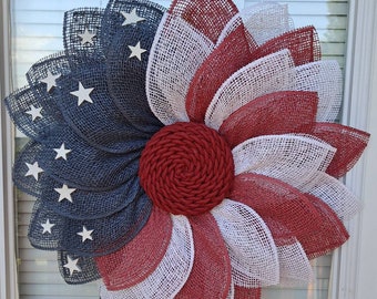 American Flag Wreath, Patriotic Wreath, Poly Burlap Wreath