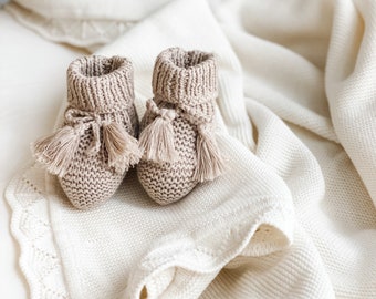Baby Knitted Booties | Baby Booties Pom Poms | Booties 0-3 months | GOTS Organic | Newborn Socks | Beige Oat Booties | Unisex Booties Shoes