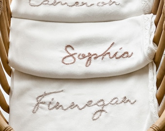 Personalized Knit Baby Blanket | Hand Embroidered Organic Cotton
