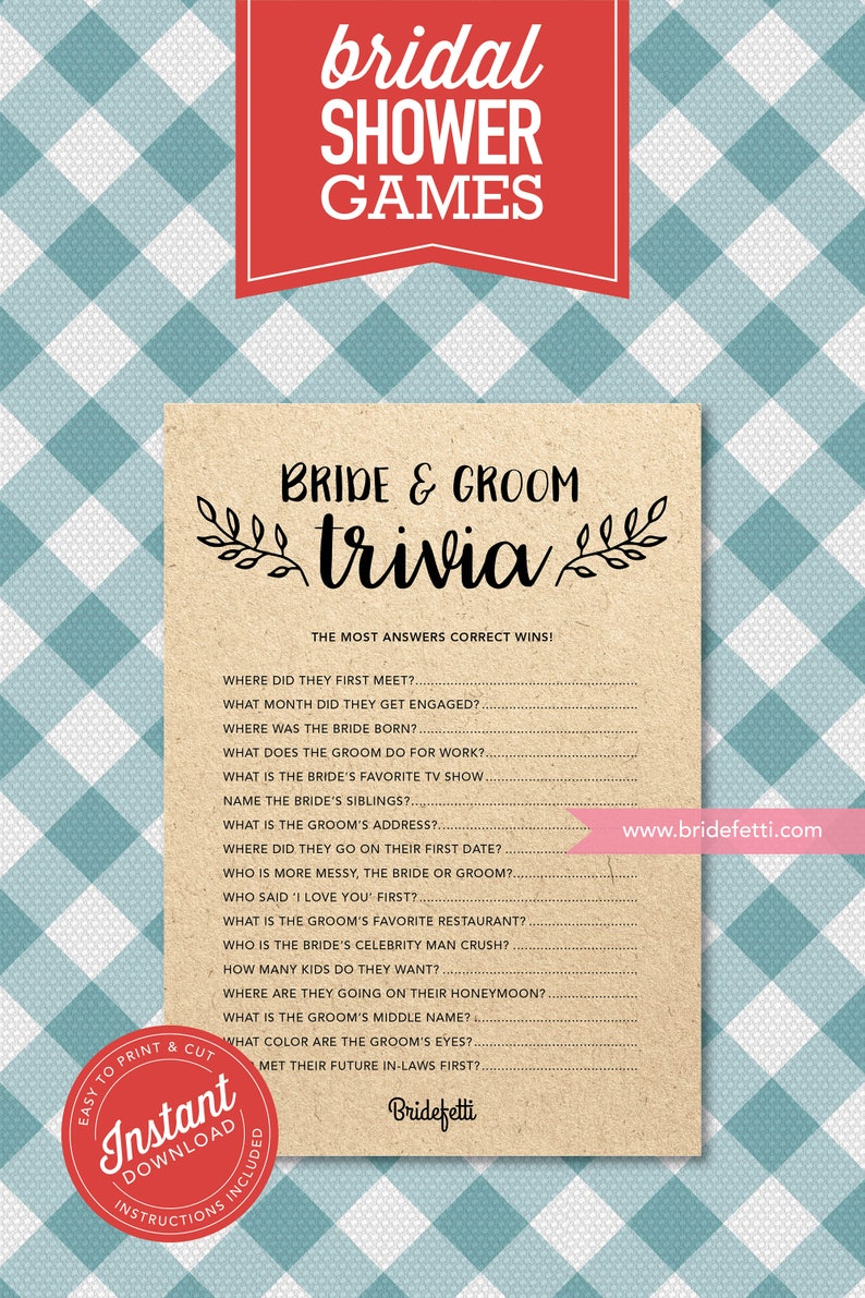 Bride and Groom Trivia Bridal Shower Game Printable, Bridal Trivia Game ...