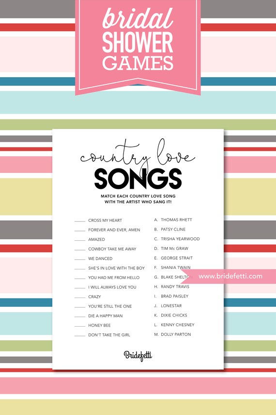 Country Love Songs Bridal Shower Game Instant Download Etsy