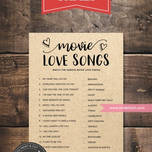 Movie Love Song Bridal Shower Games, Printable Bridal Shower Games, Rustic Bridal Shower Games, Kraft, INSTANT DOWNLOAD, BRF302-49