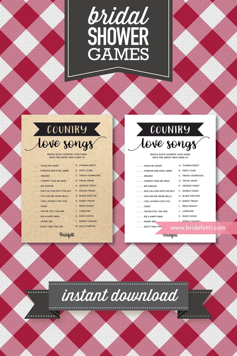 Country Love Songs Bridal Shower Game, INSTANT DOWNLOAD, Country Love