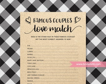 Printable Bridal Shower Games, Famous Couples Love Match Game, INSTANT DOWNLOAD Bridal Shower Game, Printable Bridal Games Rustic, BRF302-35