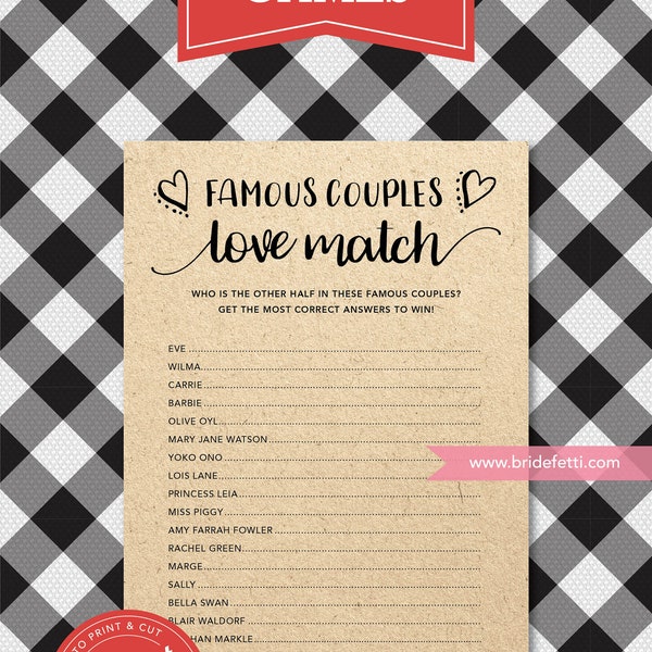 Printable Bridal Shower Games, Famous Couples Love Match Game, INSTANT DOWNLOAD Bridal Shower Game, Printable Bridal Games Rustic, BRF302-35