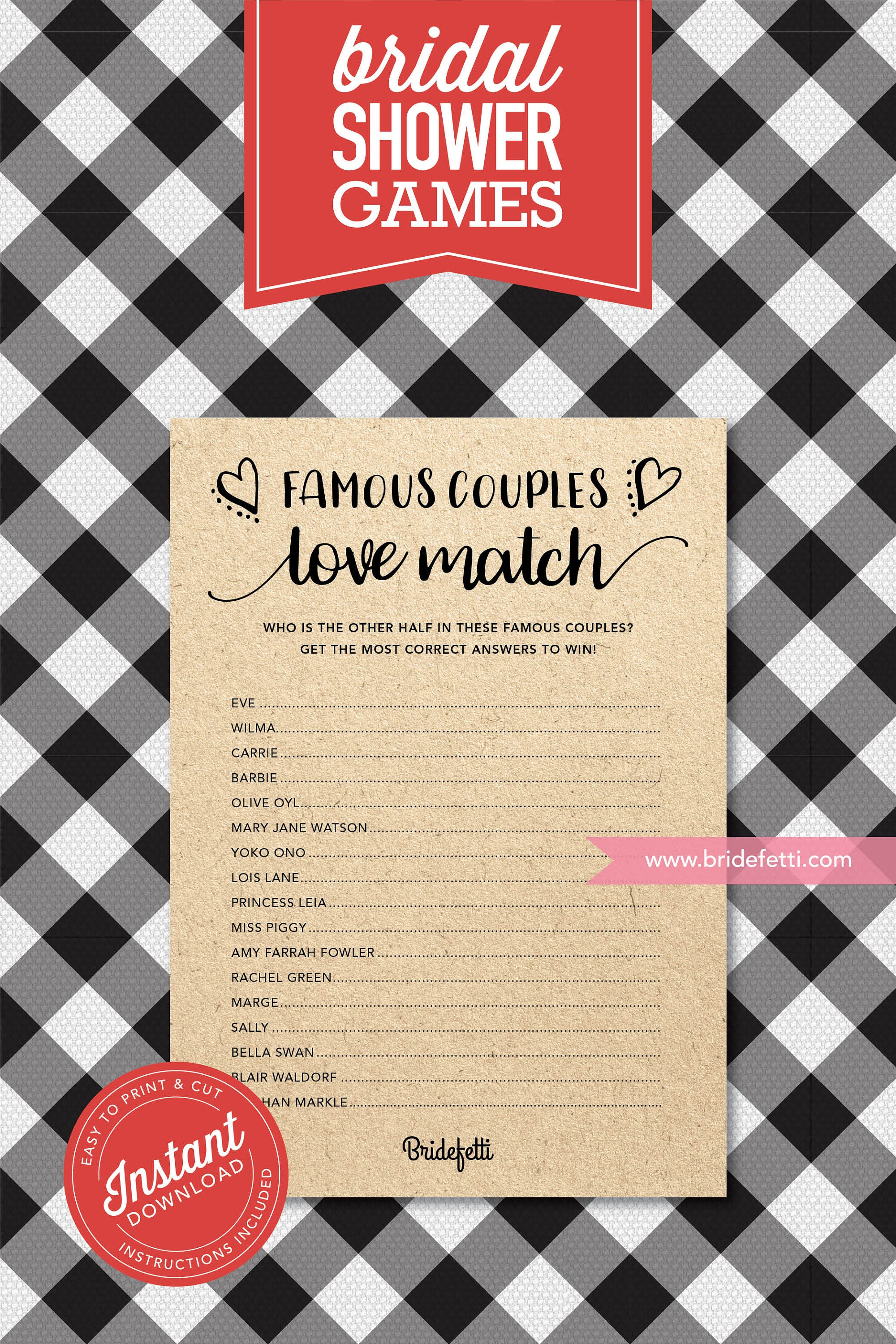 Printable Bridal Shower Games, Famous Couples Love Match Game, INSTANT ...