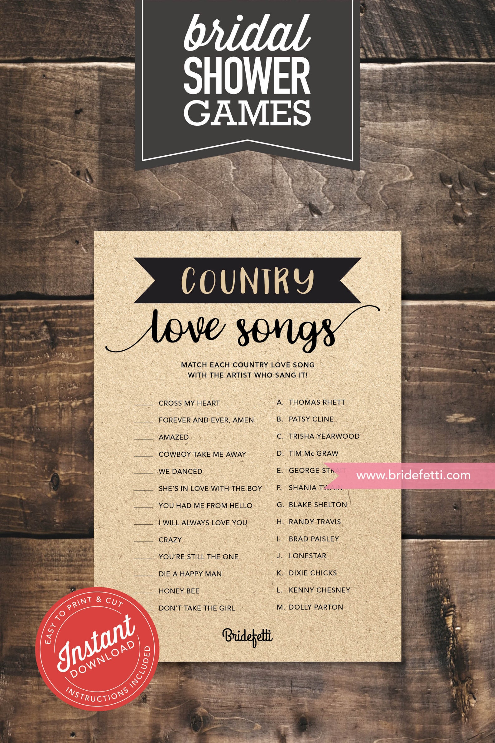 Country Love Songs Bridal Shower Game, INSTANT DOWNLOAD, Country Love Songs Wedding Shower Game
