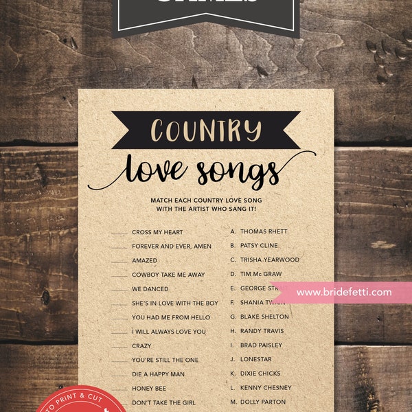 Country Love Songs Bridal Shower Game, INSTANT DOWNLOAD, Country Love Songs Wedding Shower Game, Printable Boho Bridal Game, BRF302-45