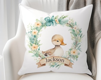 Personalized Baby Duck Nursery Pillow Gift for First-Time Mom, Custom Woodland Toddler Room Daybed Cushions, Kids Monogrammed Floor Pillow