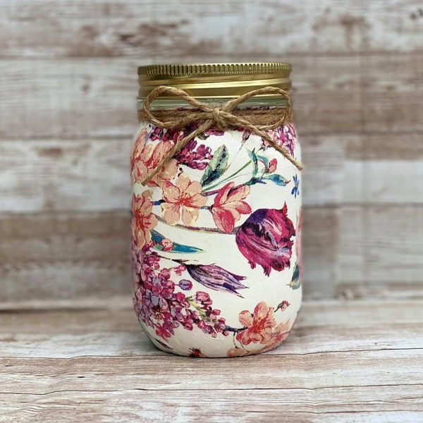 Wild Tulips Decoupage Mason Storage Jars, Cottagecore Decorative Glass Stash Jars for Kitchen and Bathroom Storage, Farmhouse Sugar Jar