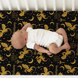 Medieval Dragon Crib Sheet, Mythical Fantasy Nursery Bedding, Knight Viking Baby Bedside Bassinette Cover